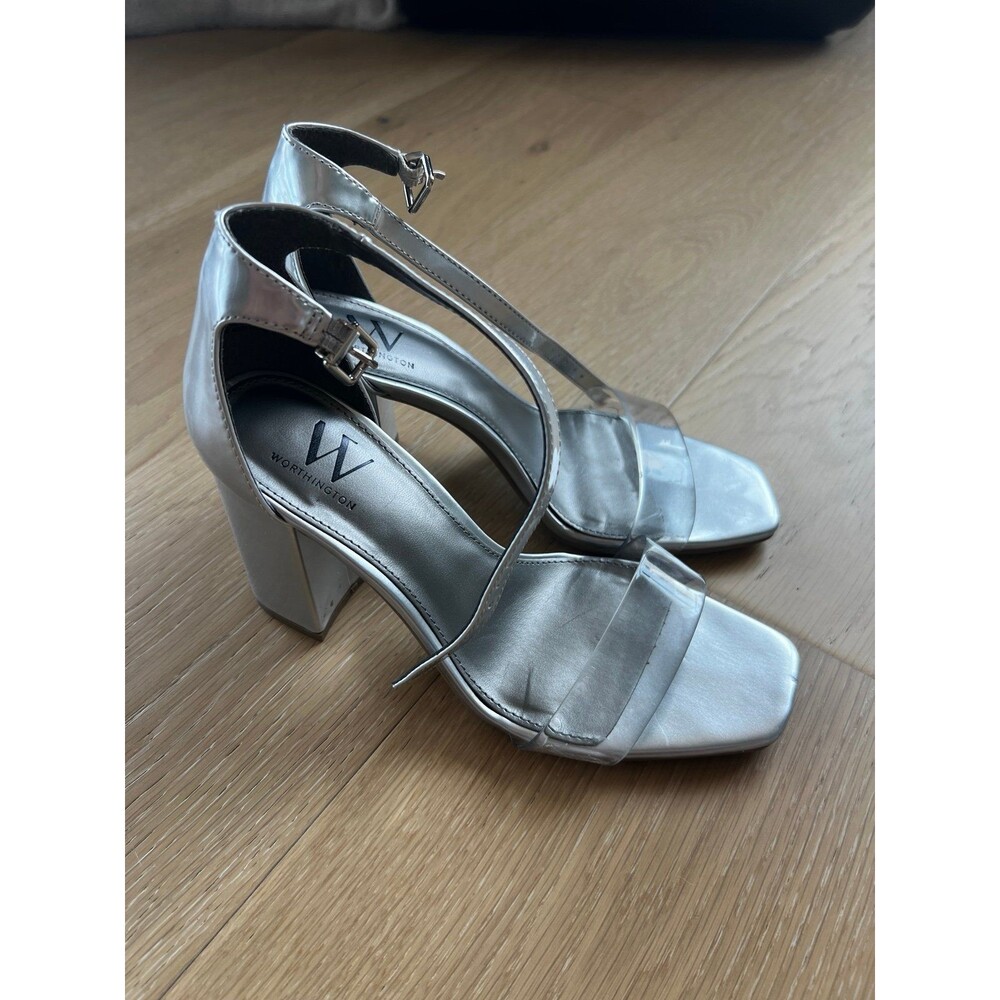 Worthington Silver Heels with Clear Toe Strap Block Heels size 6.5
